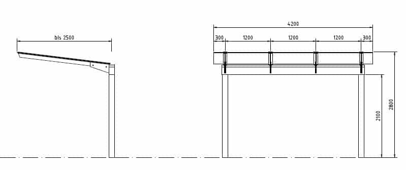 Bauzeichnung einer einseitigen Fahrradüberdachung der Reihe "FH 90"