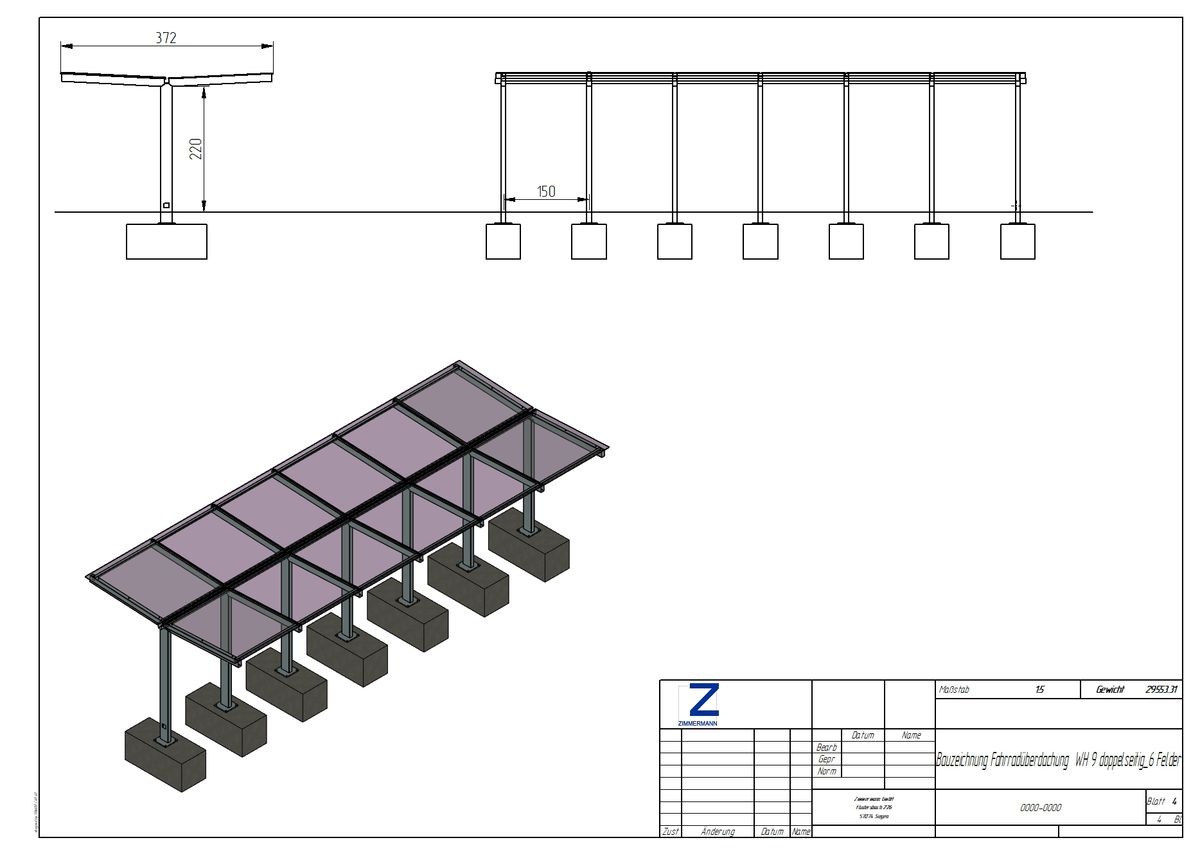 Bauzeichnung einer Fahrradüberdachung der Reihe "FH 9"