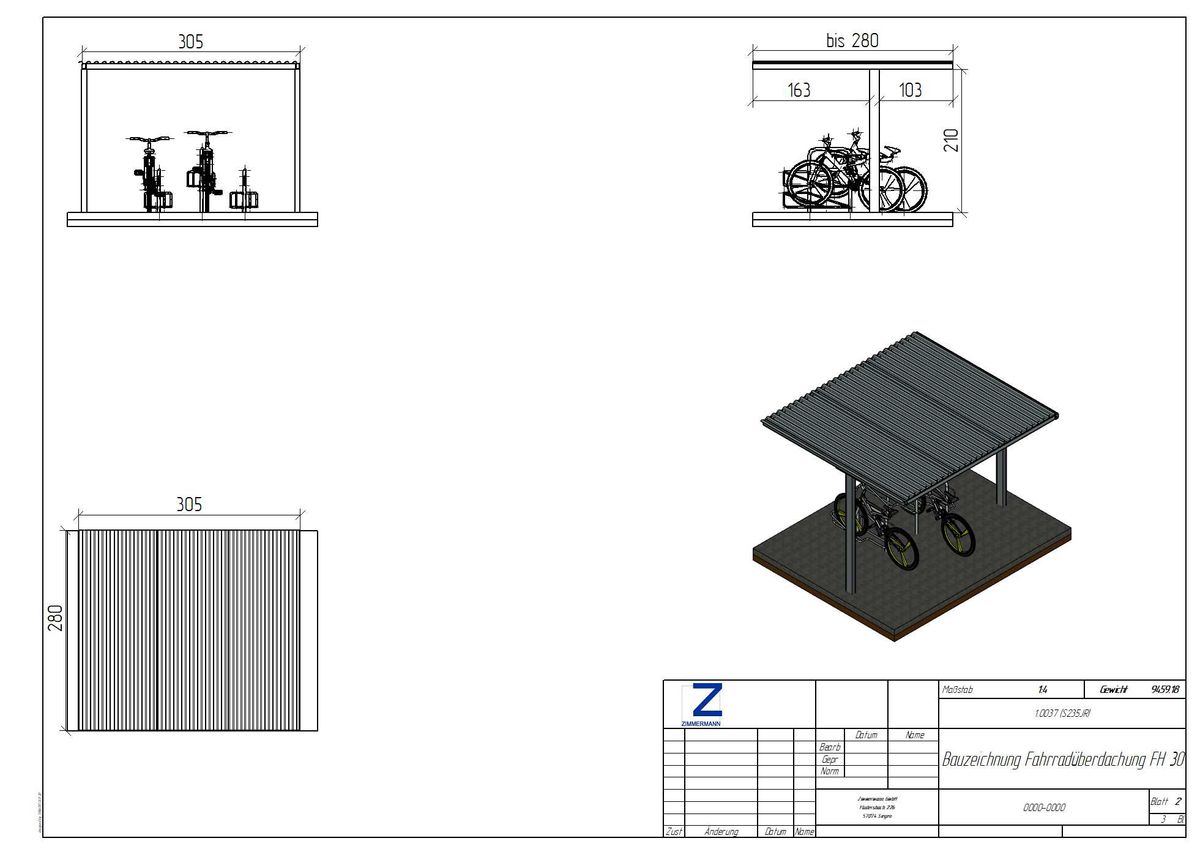 Bauzeichnung einer Fahrradüberdachung der Reihe "FH 30"
