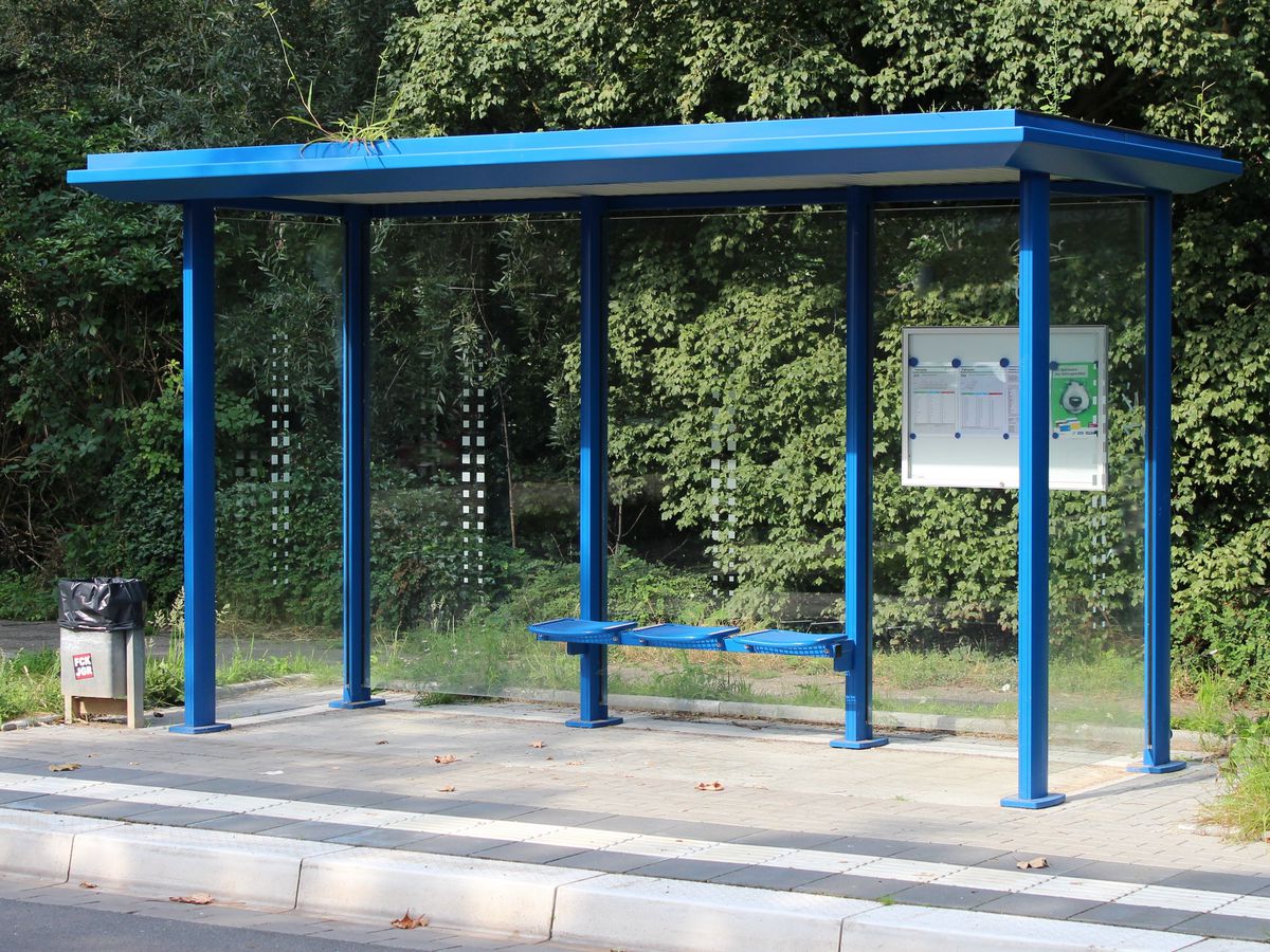 Eine blaue Wartehalle mit Dachbegrünung am Straßenrand